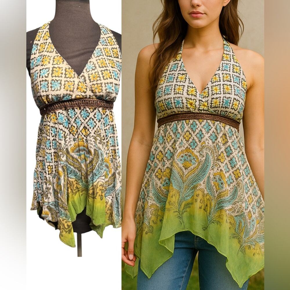 Halter Neck Printed Handkerchief Hem Tank Top - Yellow Green